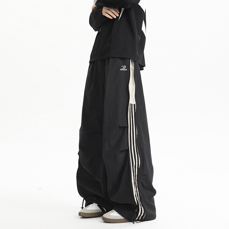 Loose Curved Knife Pants with Zipper & Striped Details