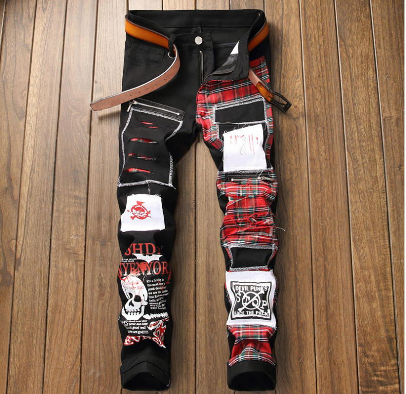 Harajuku Style Black Split Joint Holes Patch Jeans for Men