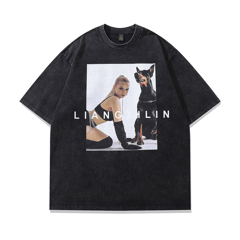 Vintage Dachshund Print Cotton Tee - Harajuku Style