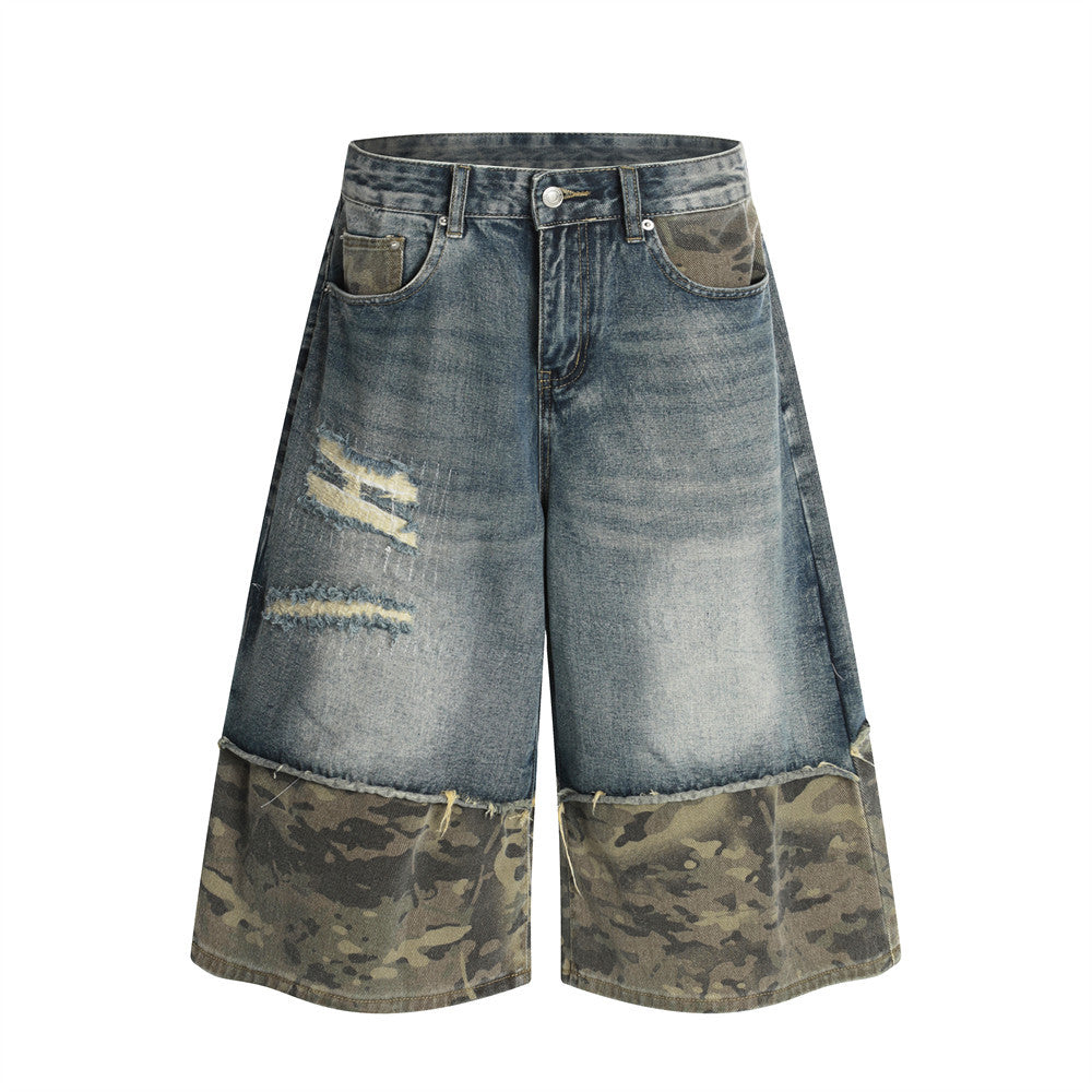 Harajuku Style Distressed Camouflage Wide-Leg Denim Shorts