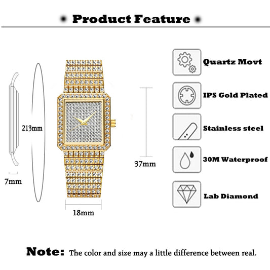Luxury Gold Square Diamond Watch for Women