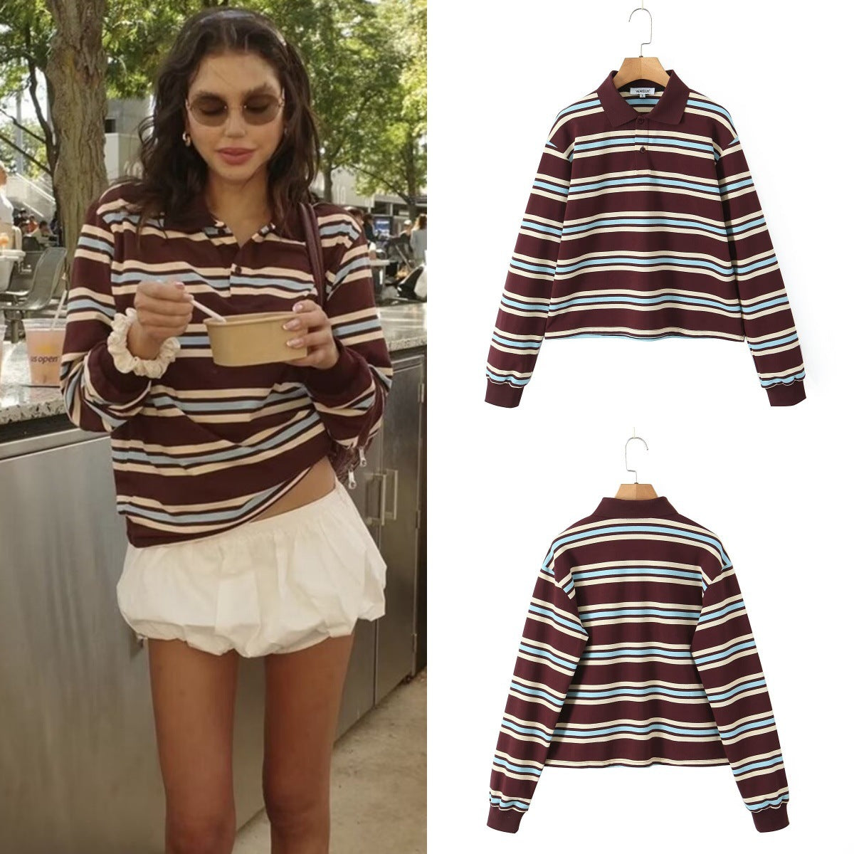 Two-Tone POLO Collar Long Sleeve T-Shirt - Harajuku Style