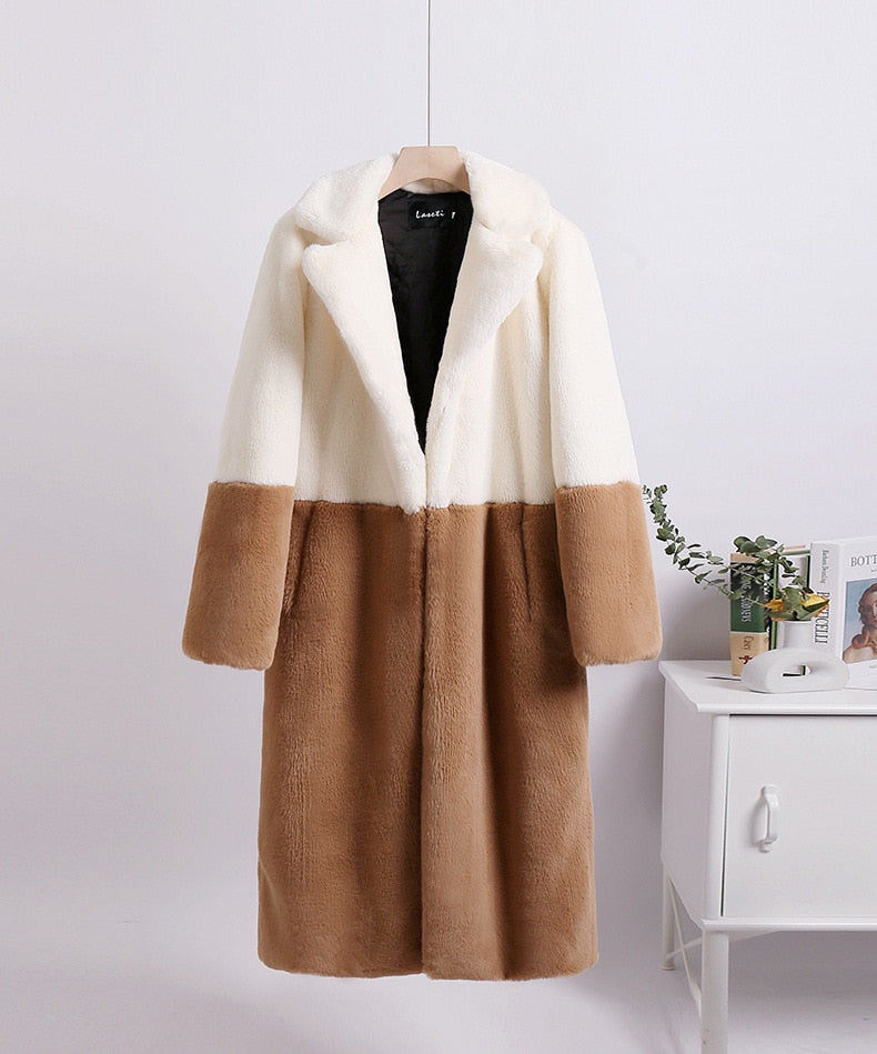 Mid-Length Mink Velvet Faux Fur Coat with Furry Collar