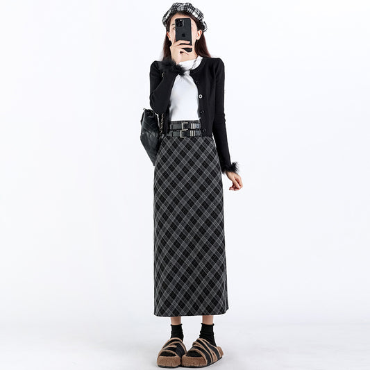 Women's College Style High Waist Plaid Slit A-Line Midi Skirt - Loose Elastic Slim Fit Pencil Skirt