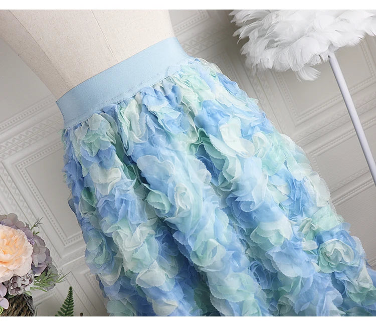 Playful 3D Blue Rose Tulle Midi Skirt - Harajuku Style