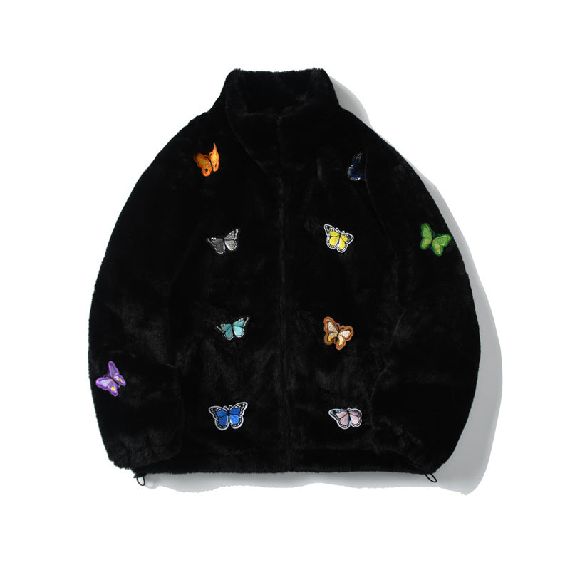 Personalized Butterfly Embroidered Furry Coat for Autumn/Winter