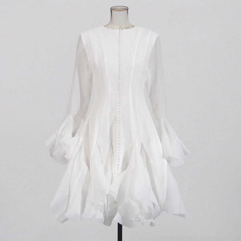 Harajuku Style Ruffled Mid-Length Dress with Trumpet Sleeves