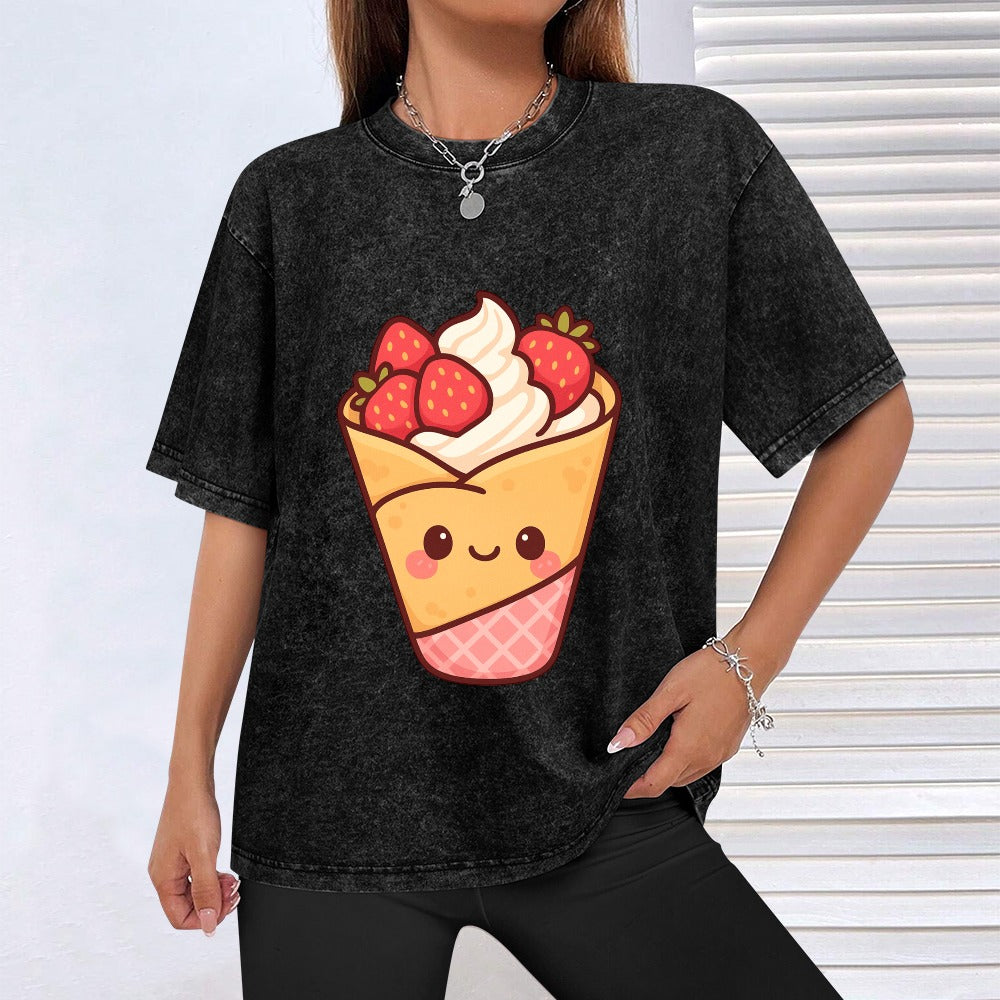 Kawaii Strawberry Crepe Vintage Off-Shoulder T-Shirt