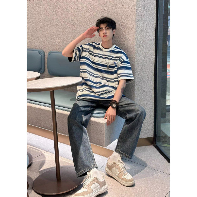 Summer Blue and White Striped T-Shirt Loose Top