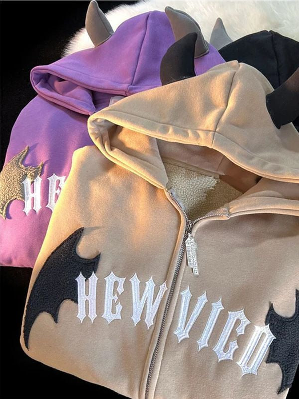 Playful Hooded Zippered Jacket with Cow Horn Patch