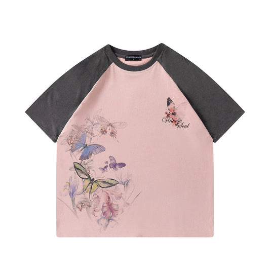 Ink Butterfly Print Short Sleeved Shirt — Harajuku-style Loose Fit Cotton Blend Tee