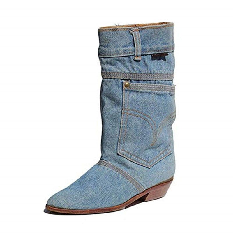 Playful Low Heel Denim Cowboy Boots for Women