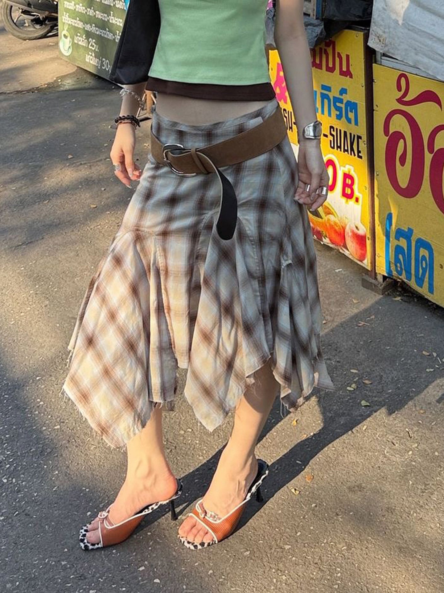 Irregular Hem Patchwork Plaid Skirt - Harajuku Style