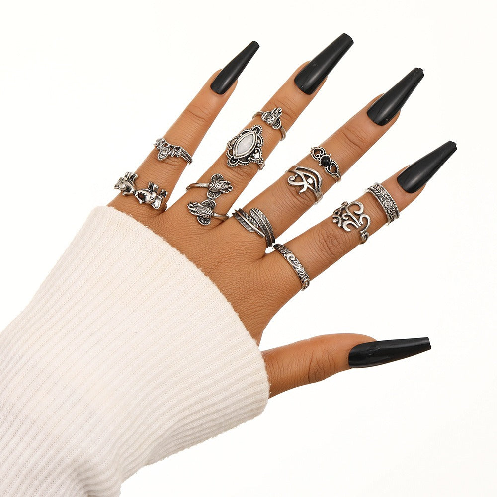 Retro Vintage Feather Elephant Joint Ring Set - 11 Piece Bracelet Collection