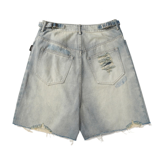 Heavy Distressed Denim Shorts for Men's Harajuku Style