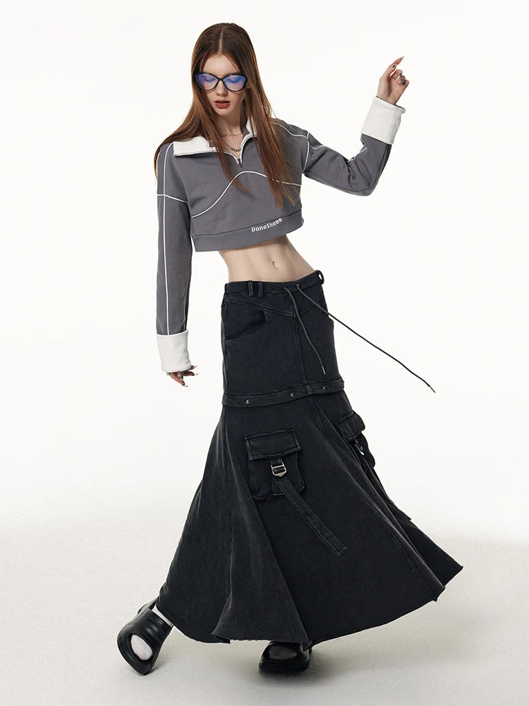 Y2K Vintage Black Denim Pocket Skirt for Women
