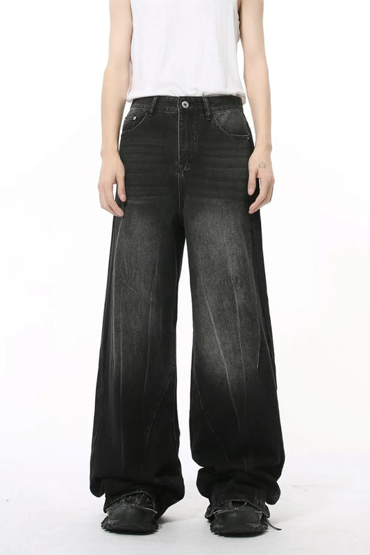 Washed Lightning Pattern Wide Leg Jeans - Harajuku Style