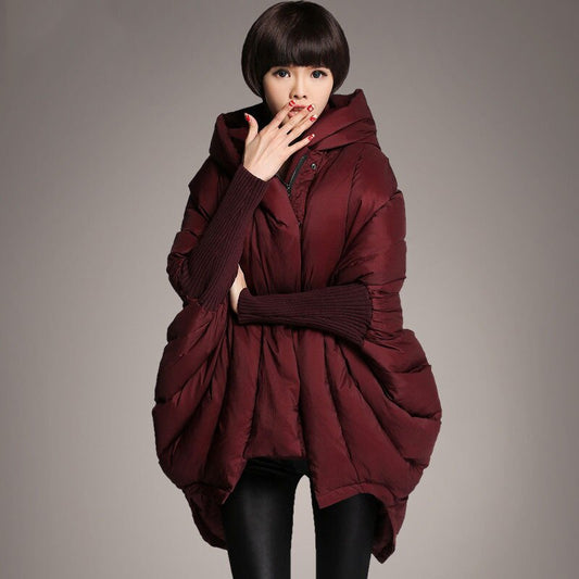 Mid-Length Women’s Duck Down Hooded Cloak Jacket