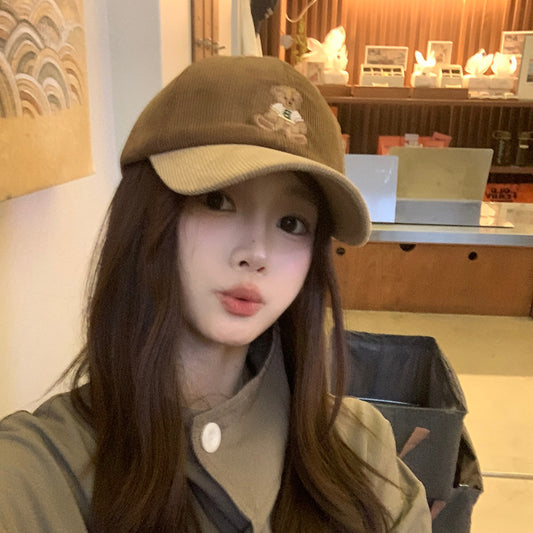 Cute Bear Embroidered Corduroy Baseball Hat for Women