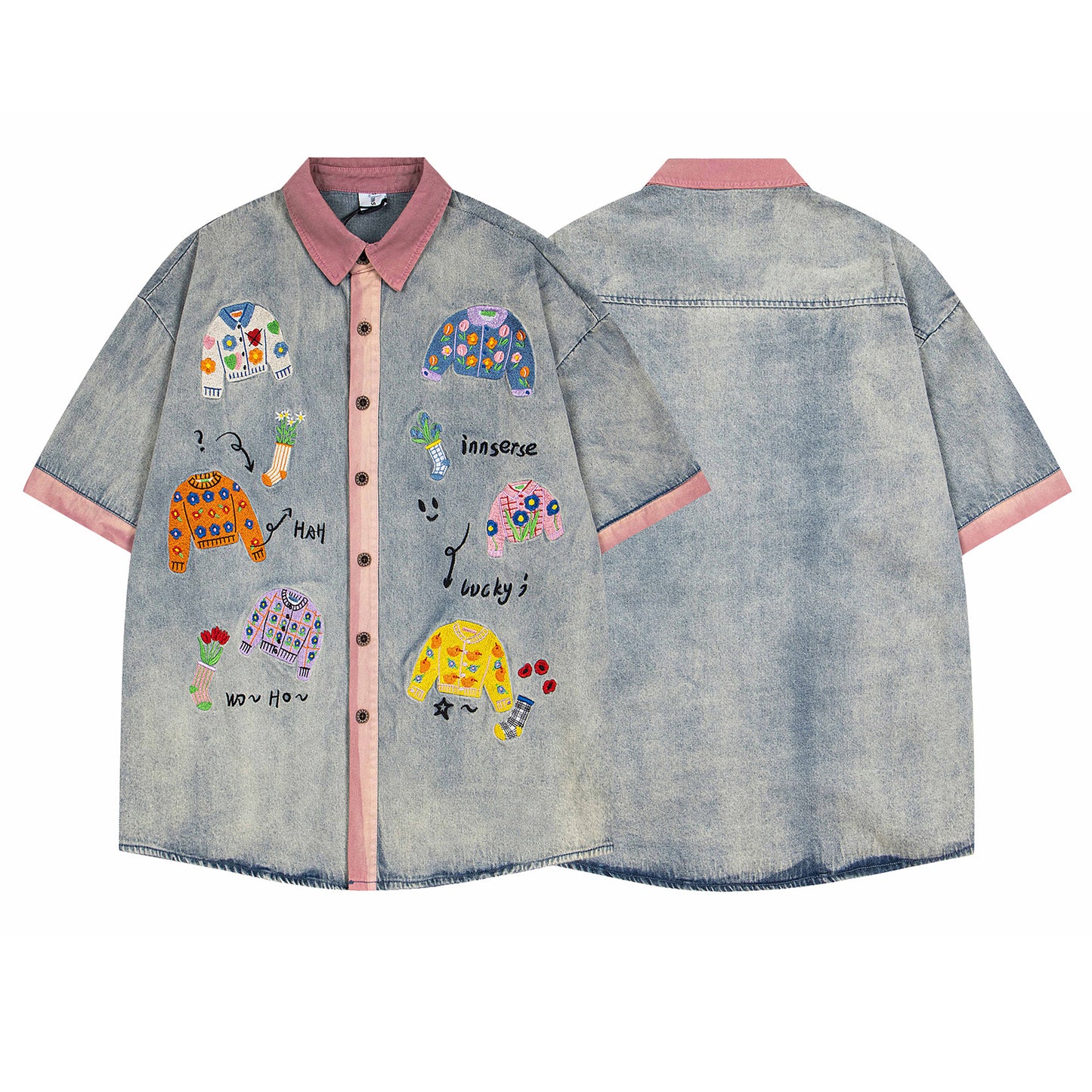 Playful Color Block Embroidery Denim Shirt - Unisex Summer