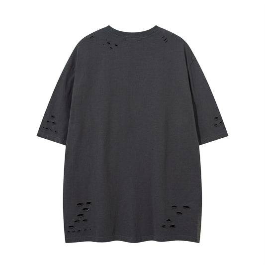 Harajuku Style Washed Hole Letter Embroidery Tee