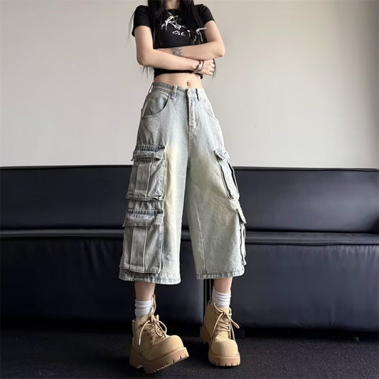 Retro Light Blue Multi Pocket Pants for Women