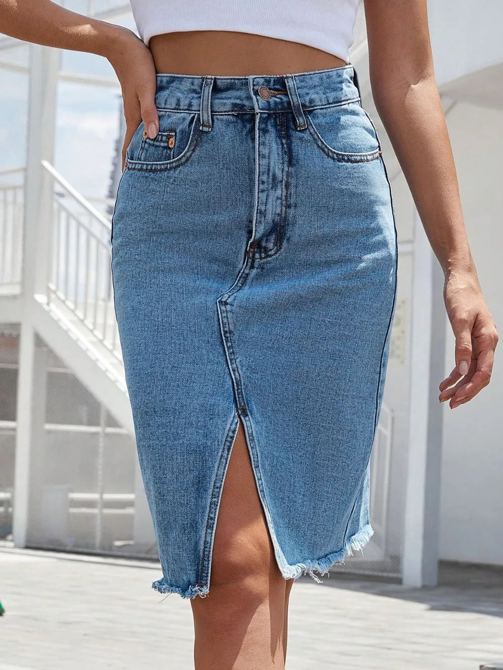 Trendy Raw Hem Slit Denim Skirt - Harajuku Style