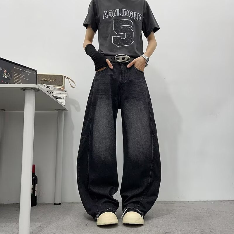 Washed Retro Deconstructed Black Grey Jeans