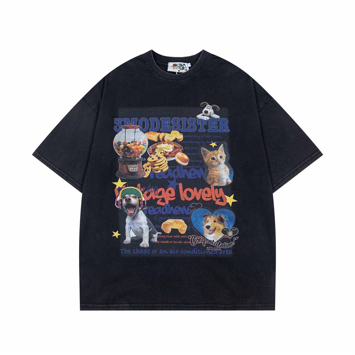 Retro Washed Fun Pet Print T-Shirt - Unisex Casual Top
