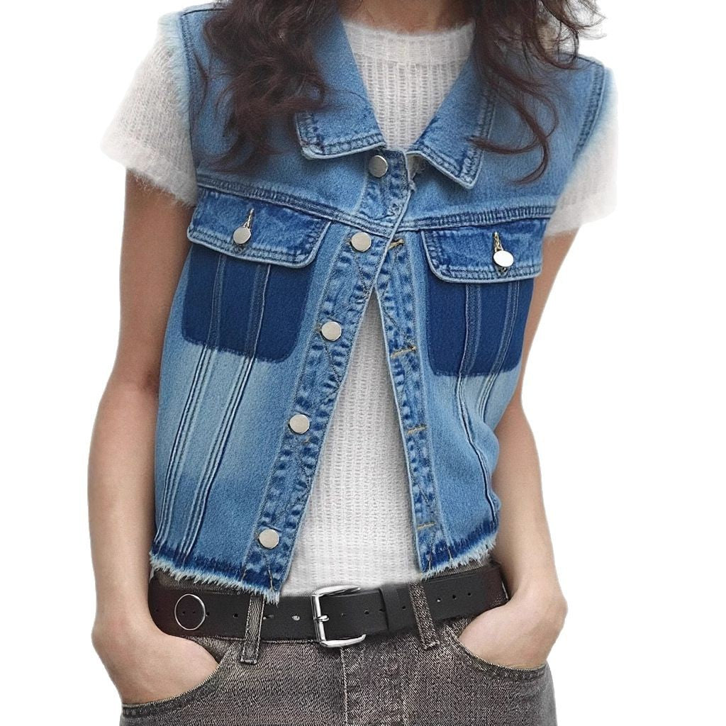 Raw Hem Pocketed Contrast Sleeveless Denim Jacket