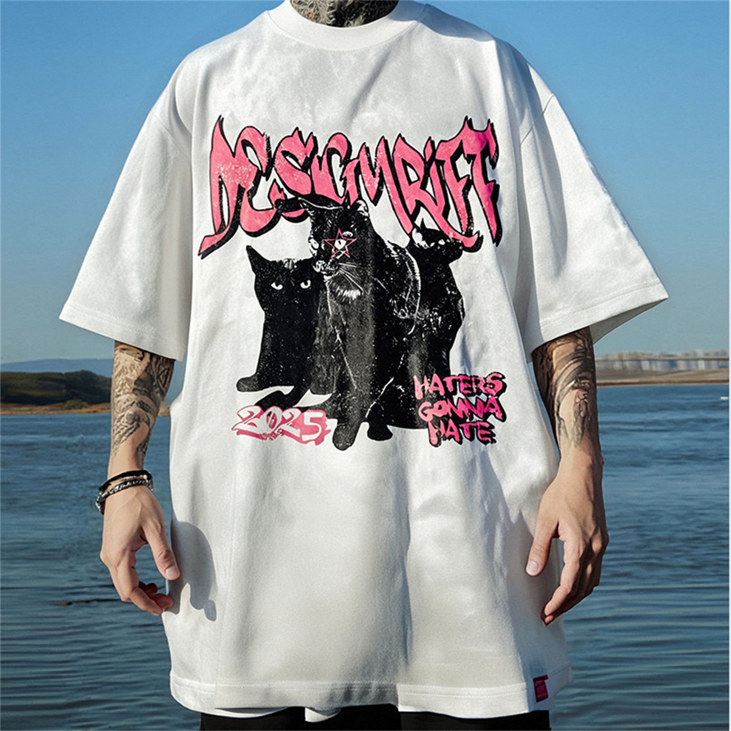 Trendy Cat Print Velvet T-Shirt - Unisex Oversized Style