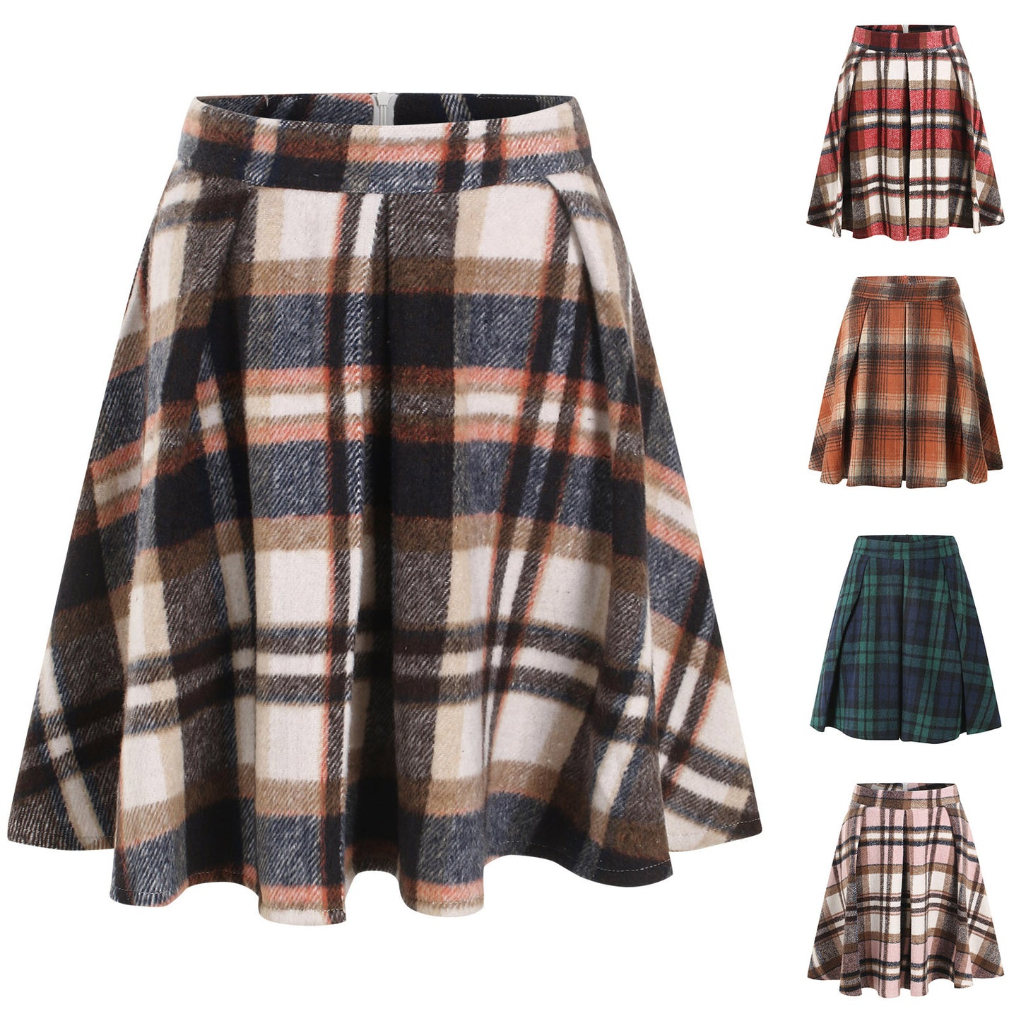 Women's Casual Retro Short Skirt with Splicing Plaid Belt and Pleated Design