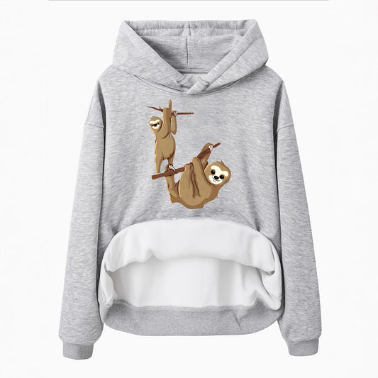 Hooded Long Sleeve Velvet Pullover with Sloth Pattern and Kangaroo Pocket
