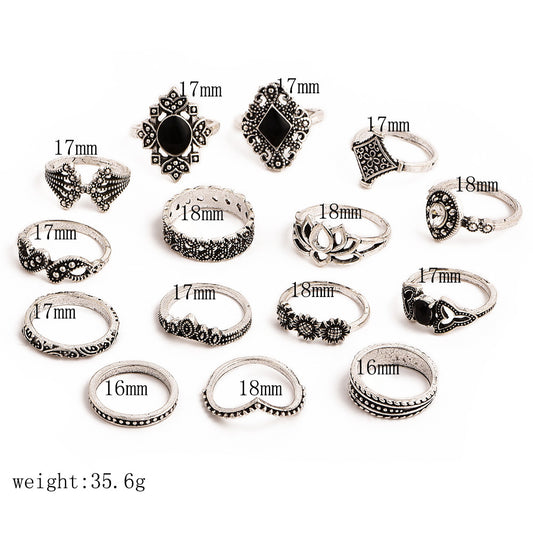 15 Pcs Bohemian Retro Crystal Flower & Leaf Silver Ring Set