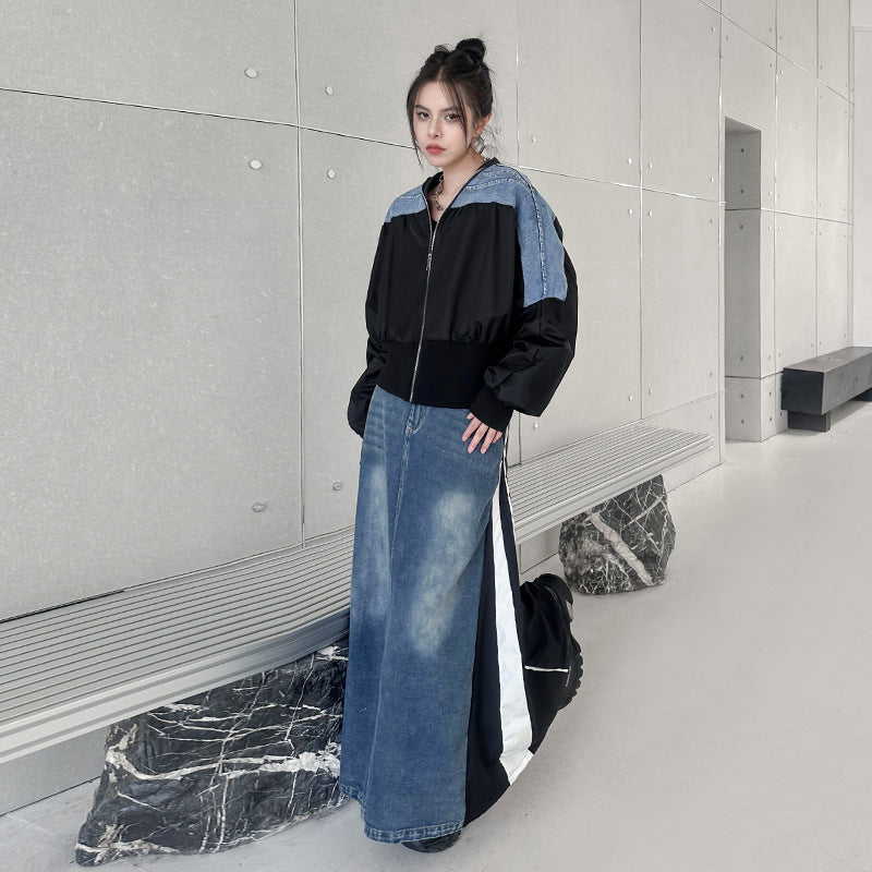 Harajuku Style Blue Denim Color-Block Jacket for Women