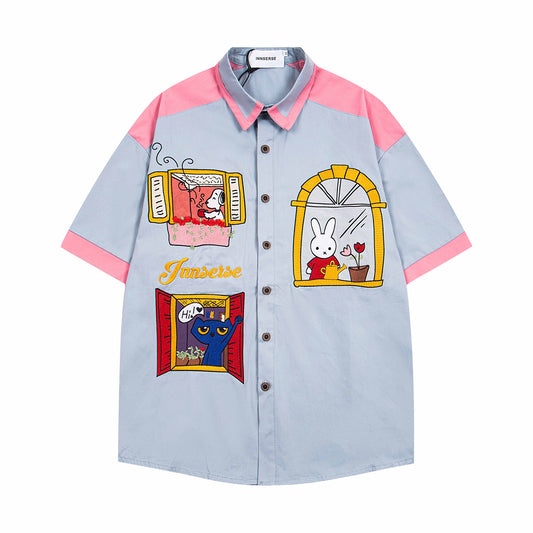 Retro Cartoon Embroidery Short Sleeve Shirt - Harajuku Style