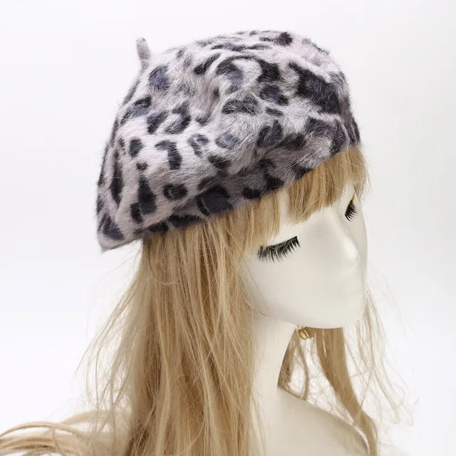 Leopard Print Rabbit Fur Beret - Playful Harajuku Hat
