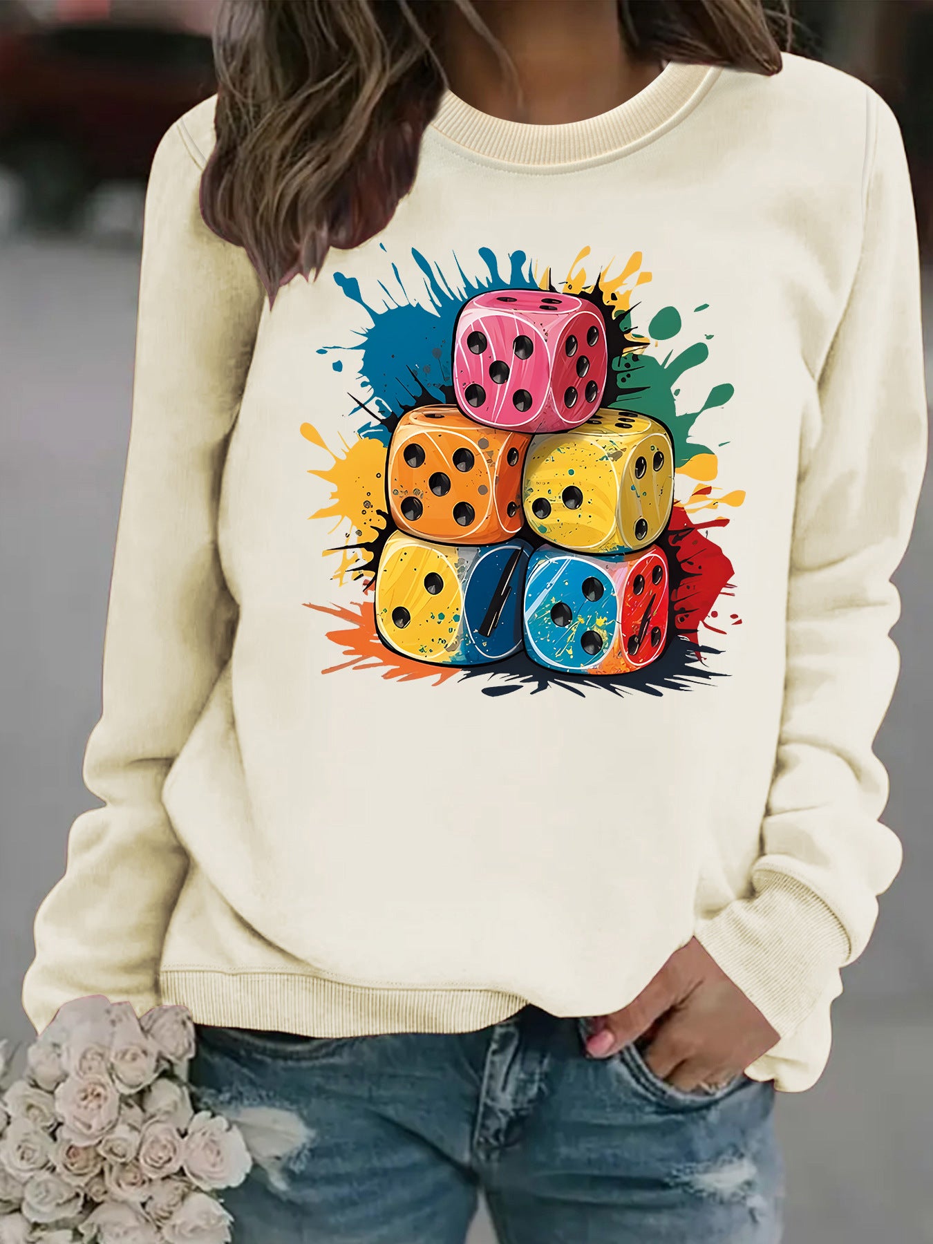 Splash Pattern Printed Stacking Block Hoodie with Round Neck