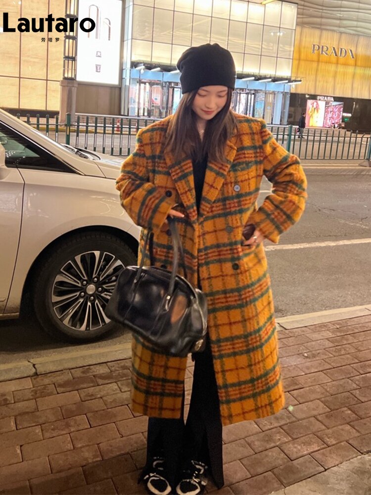 Playful Retro Colorful Plaid Woolen Trench Coat for Women