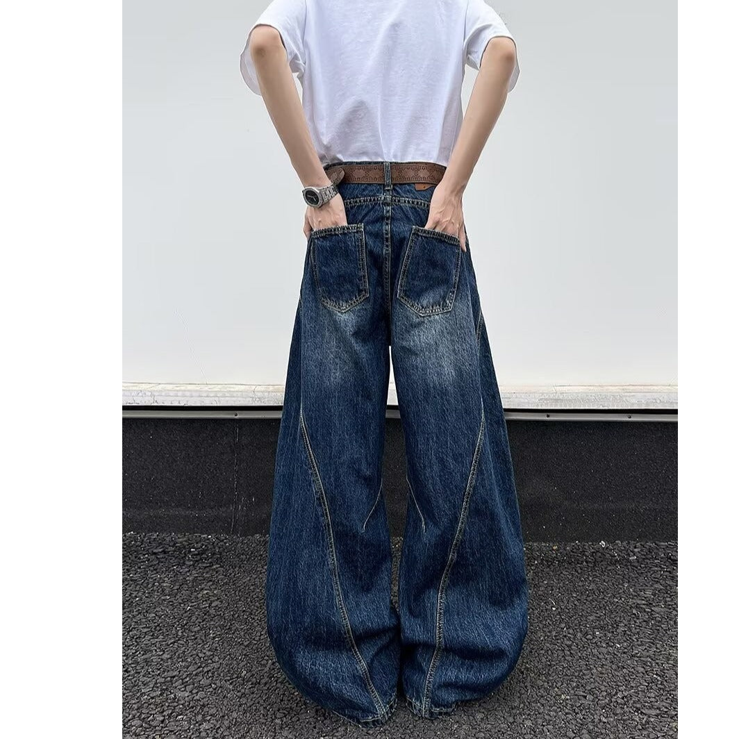 Deep Blue Wide Leg Ripped Denim Knife Pants