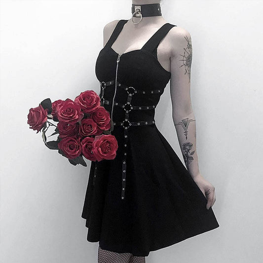 Harajuku Style Black Eyelet Mini Dress for Women