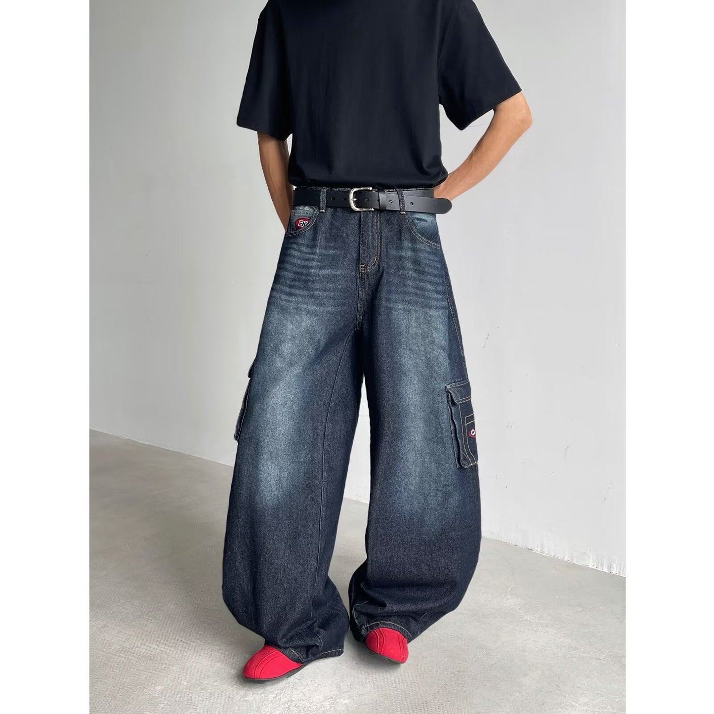 Washed Multi-Pocket Denim Wide Leg Pants