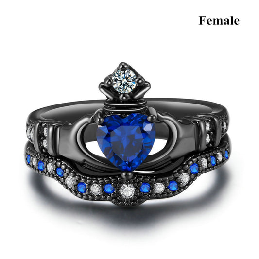 Harajuku Charm Couple Ring Set - Stainless Steel with Blue Zircon