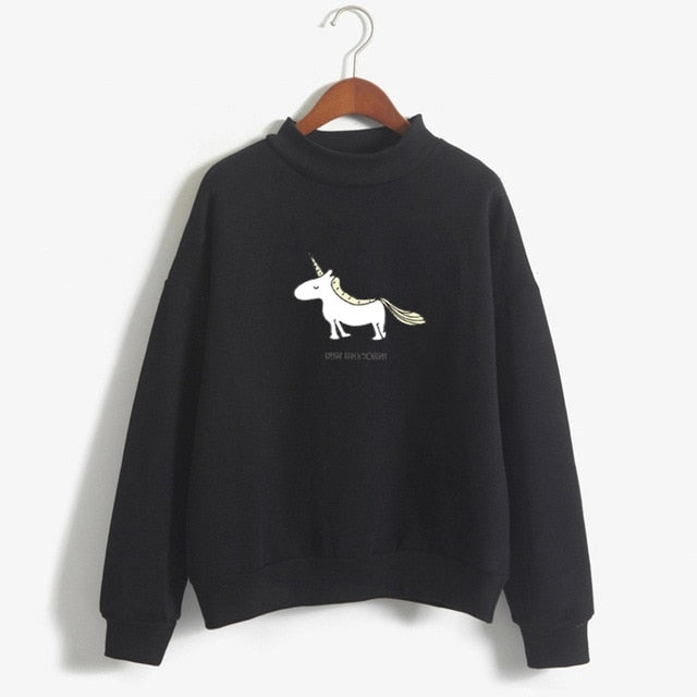 Kawaii Unicorn Print Fleece Turtleneck Hoodie