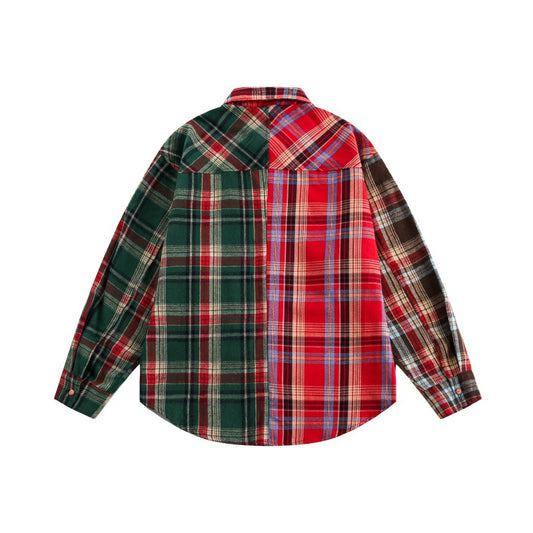 Harajuku Style Loose Plaid Patchwork Long Sleeve Shirt