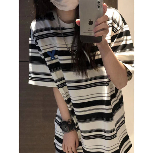 Summer Blue and White Striped T-Shirt Loose Top