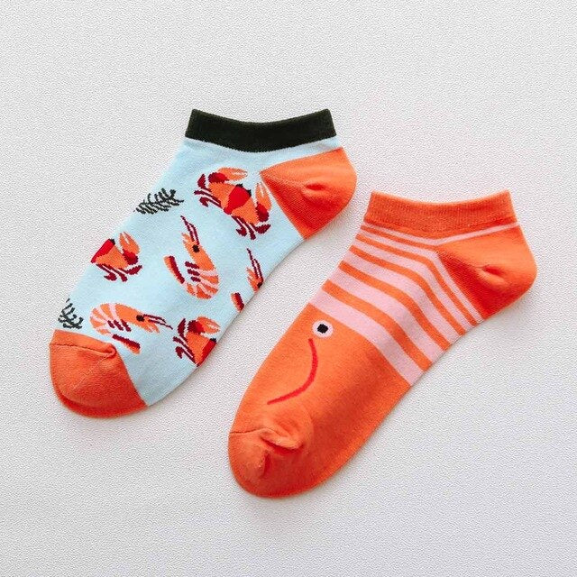 Playful Harajuku Men's Cotton Ankle Socks - Funny Animal & Fruit Designs