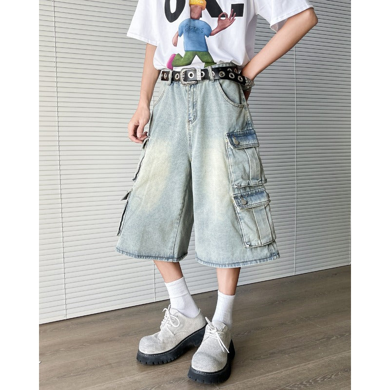 Retro Loose Casual Distressed Wide Leg Seven Quarter Pants