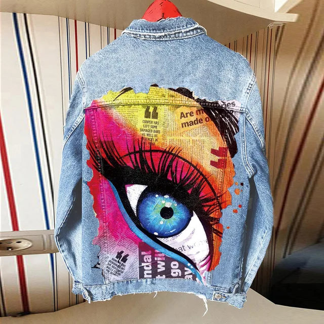 Harajuku Style Women's Lapel Denim Jacket with Unique Print