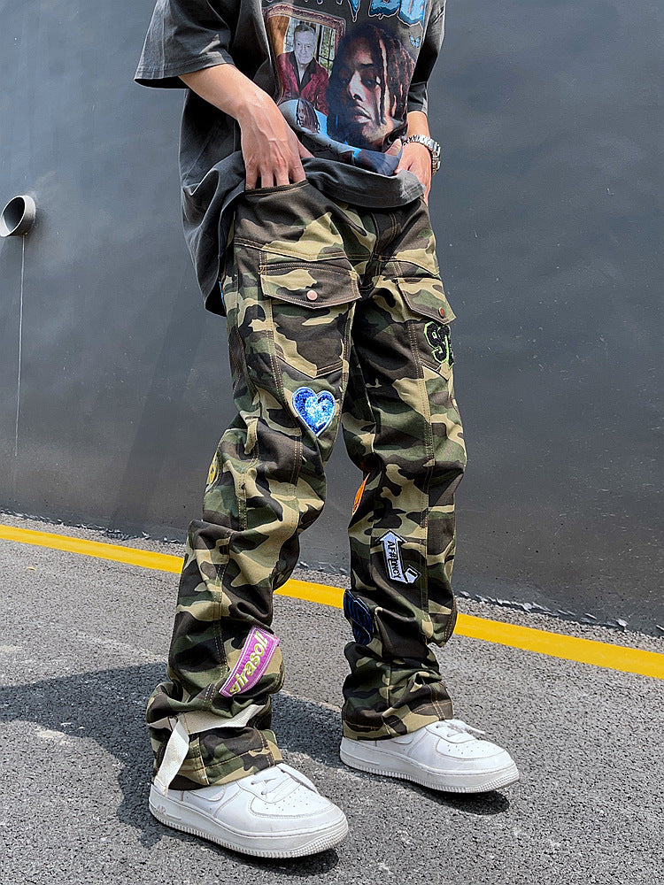 Harajuku Style Camo Cargo Pants with Embroidered Smiley Face
